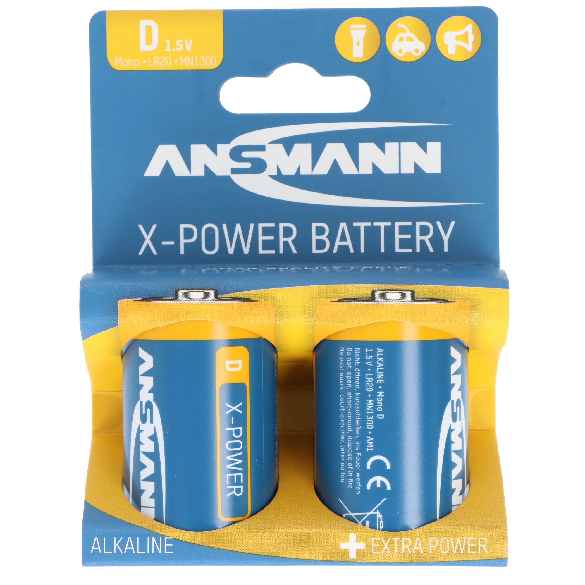Zwei D-Batterien von Ansmann in einer Blisterverpackung mit der Aufschrift X-POWER.