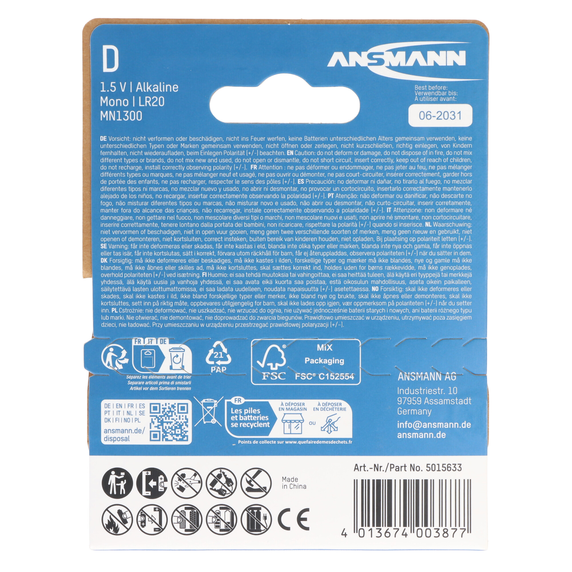 Eine D-Batterie 1.5V Alkaline LR20 MN1300 von Ansmann mit Haltbarkeitsdatum 06-2031.