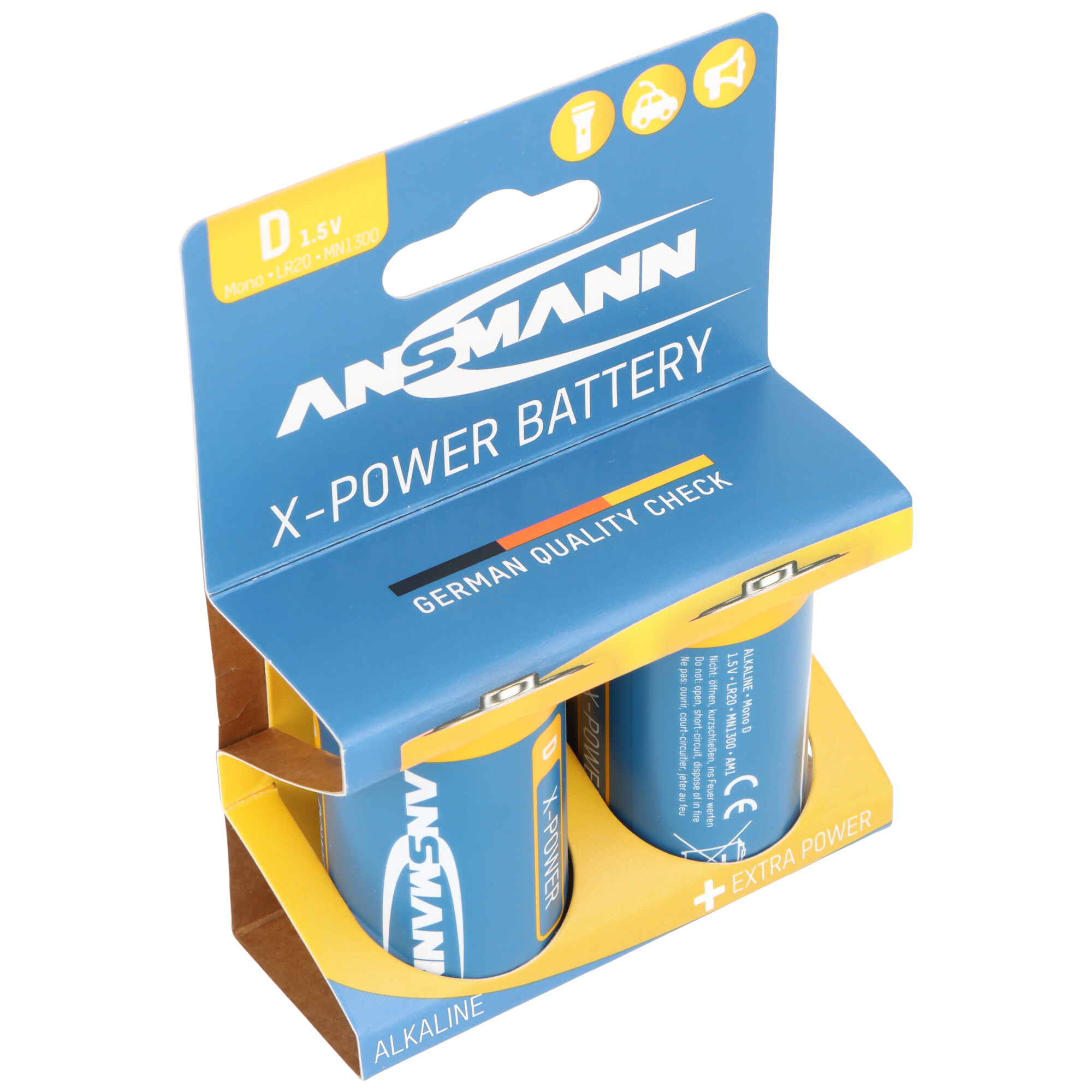 Zwei ANSMANN X-POWER D-Batterien in Blisterverpackung mit Aufhänger.