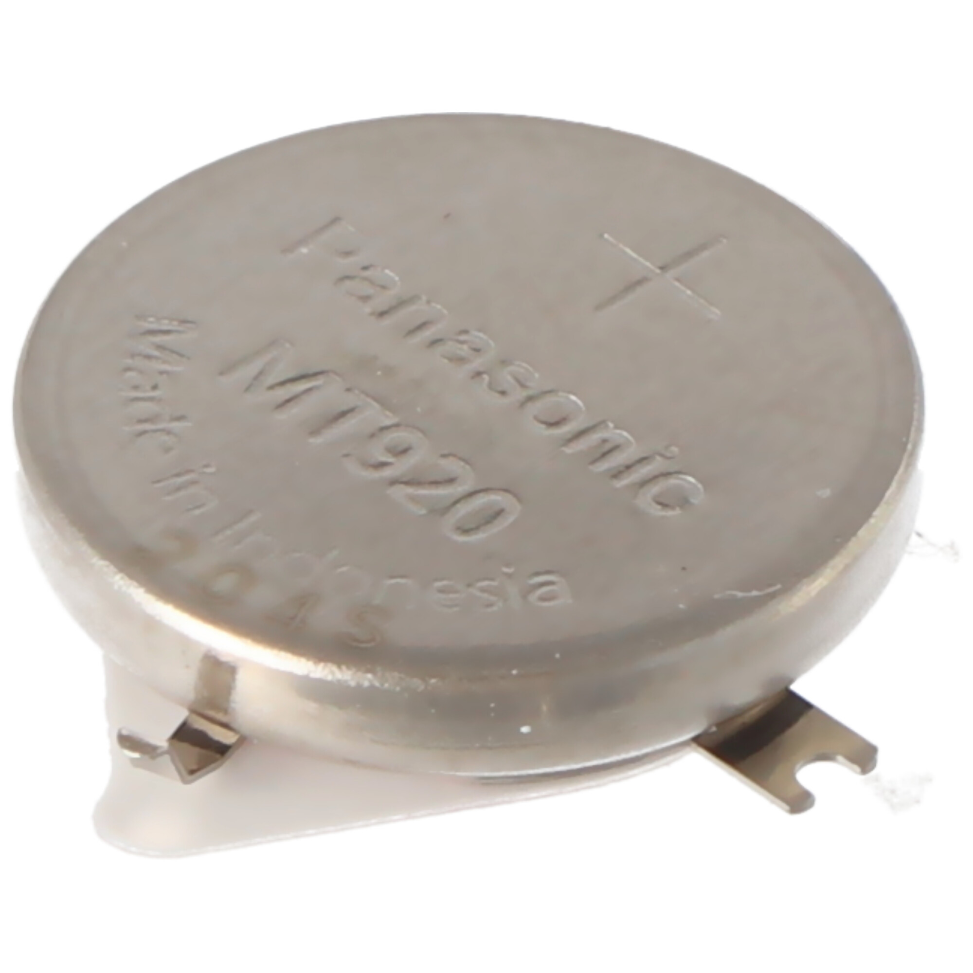 Eine Panasonic MT920 Knopfzellenbatterie aus Metall mit Lötösen, auf weißem Hintergrund.