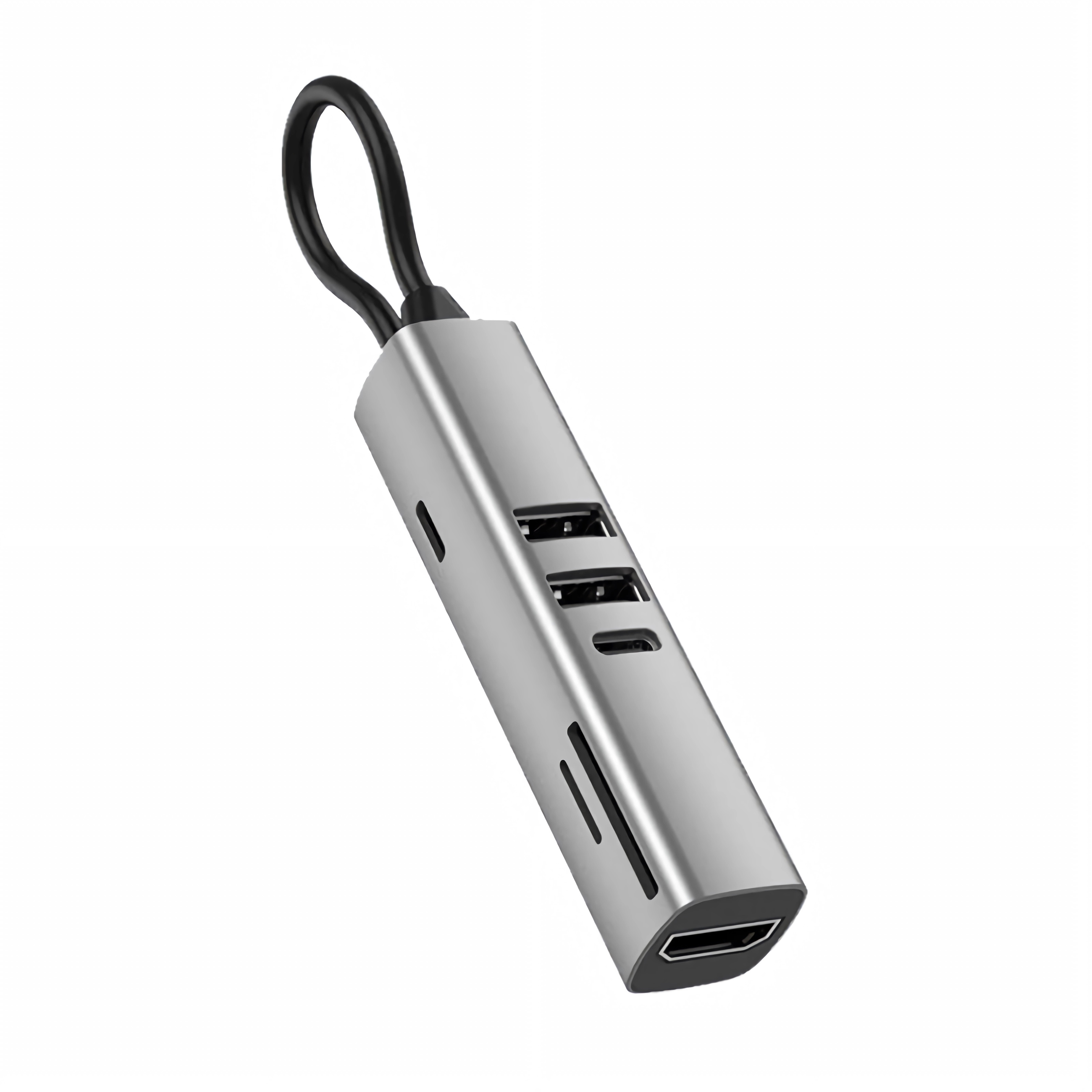 Silberner USB-C-Hub mit HDMI- und USB-Anschlüssen und einem Schlaufenkabel.