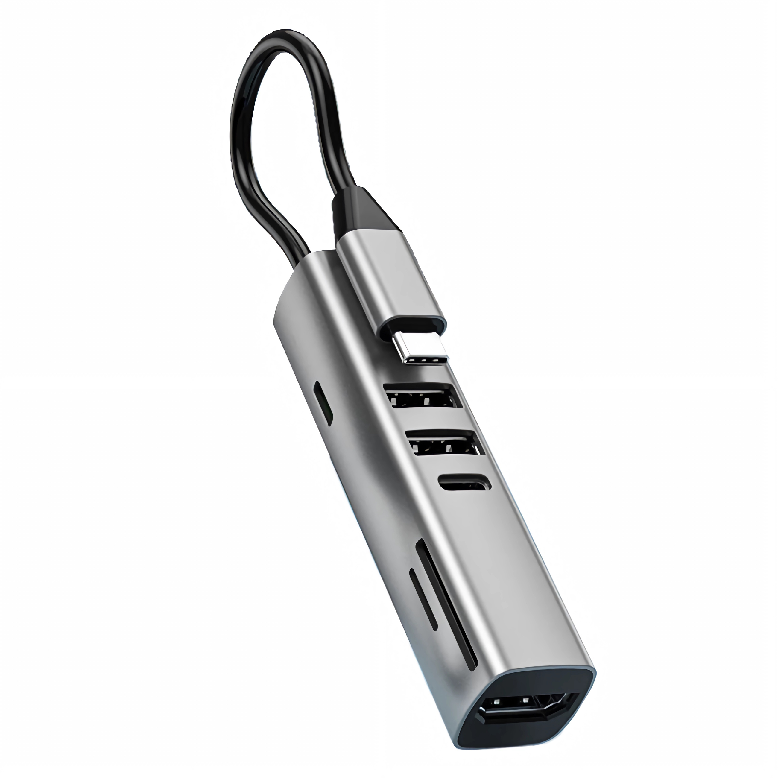 Ein silberner USB-C-Hub mit HDMI-, USB-A-Anschlüssen und einem Kabel.