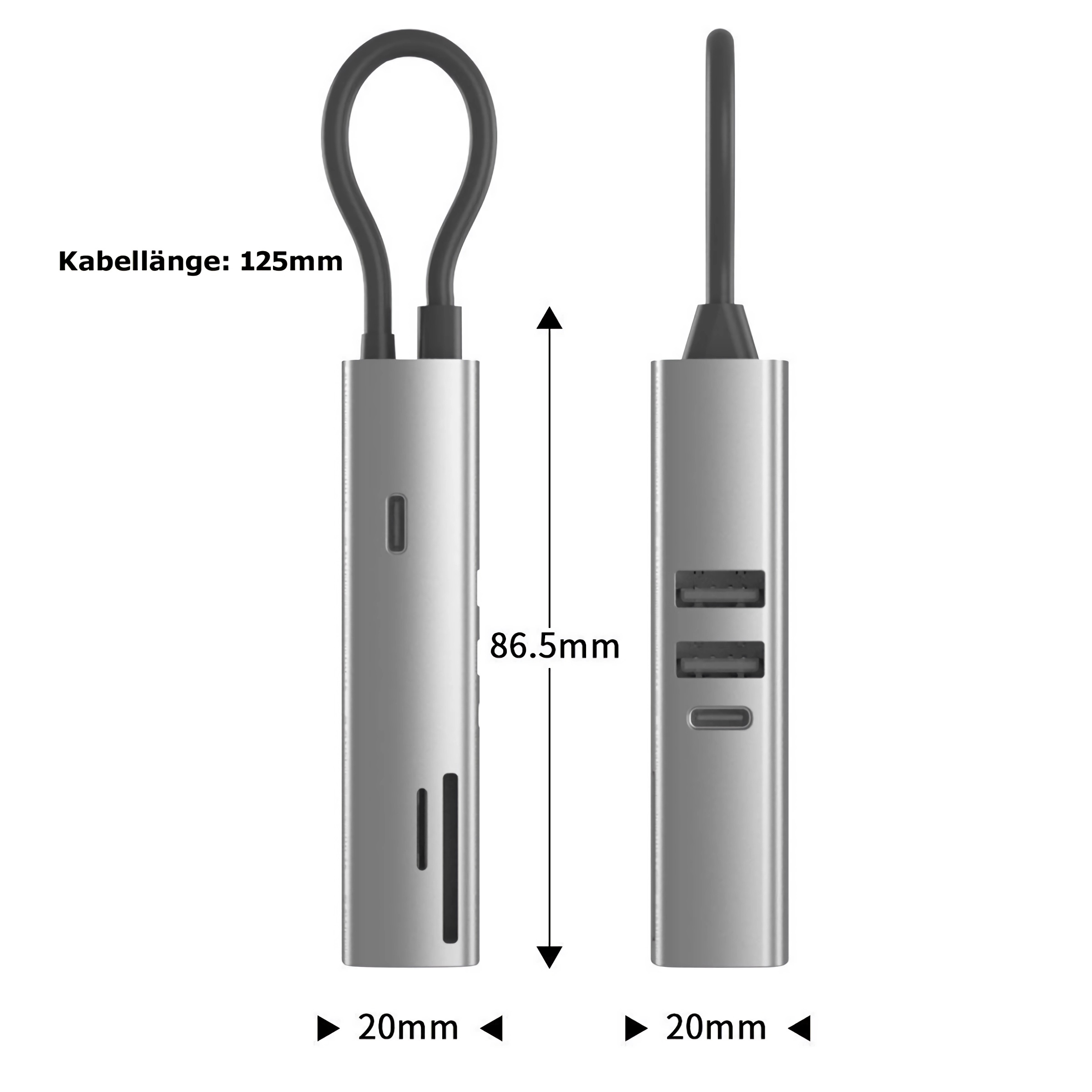 Silberner USB-C-Hub mit zwei USB-A-Ports und einem USB-C-Port.