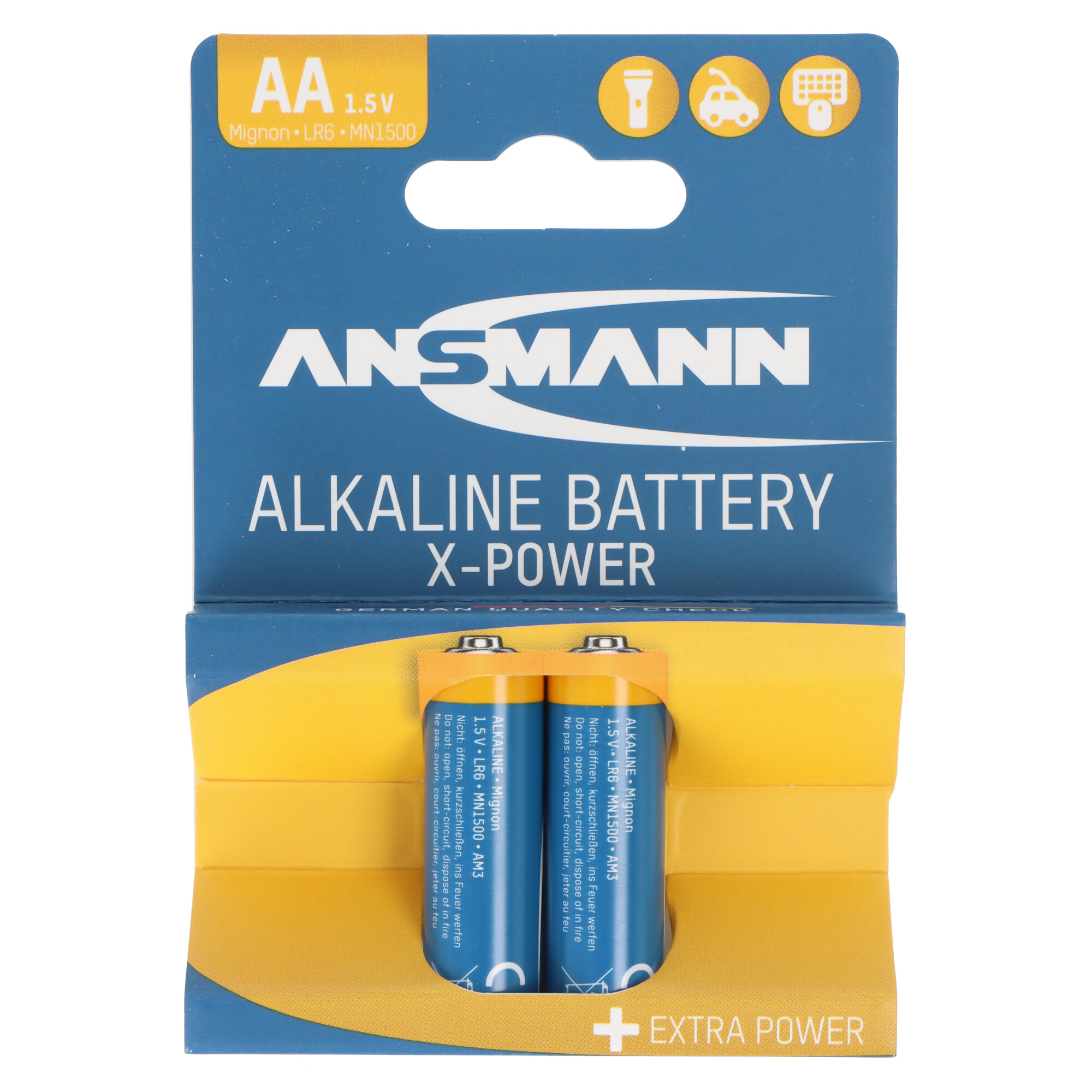 Zwei AA Mignon Batterien in einer Blisterpackung mit ANSMANN Logo.