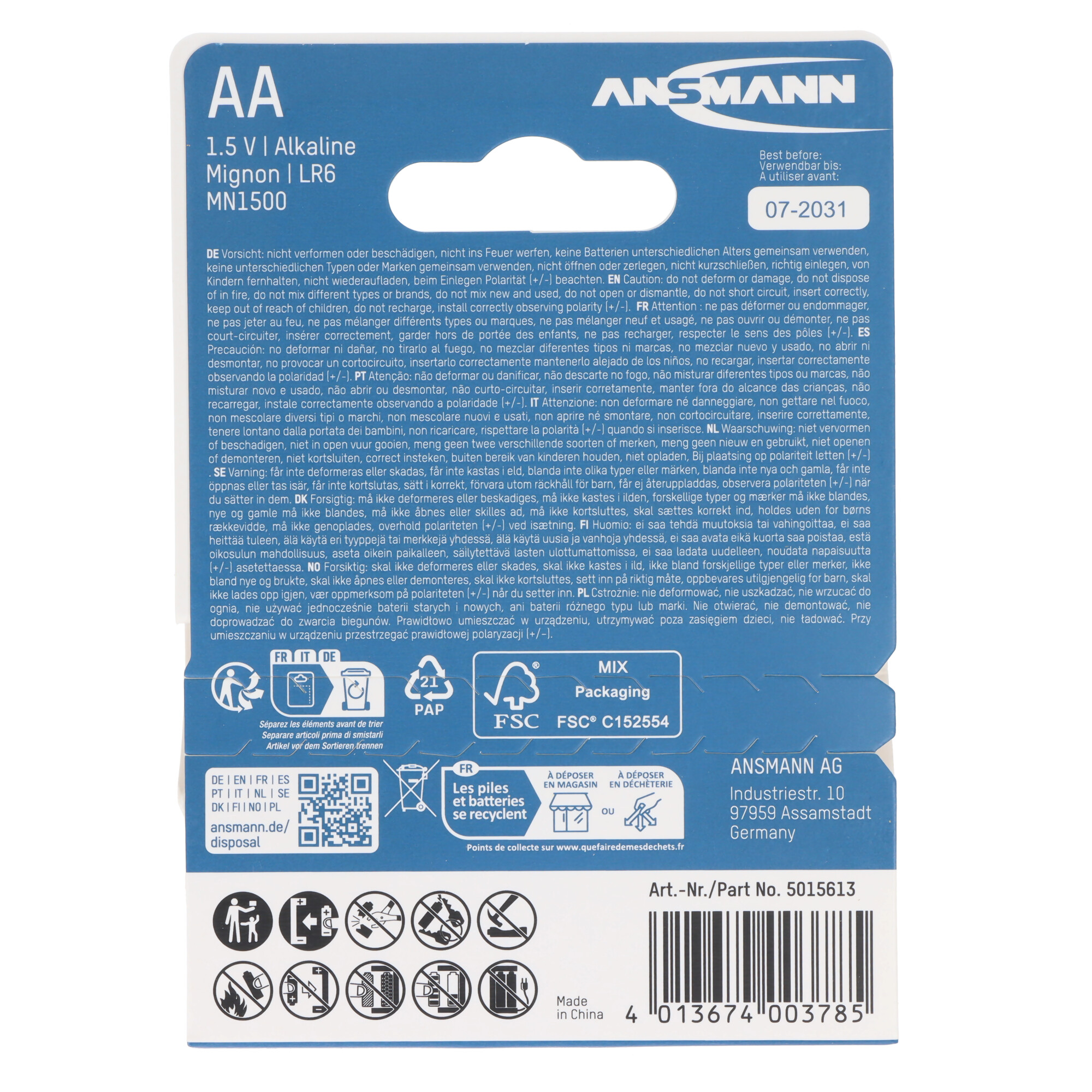 Ansmann AA Alkaline Batterie, 1.5V, LR6, MN1500. Best before 07-2031.
