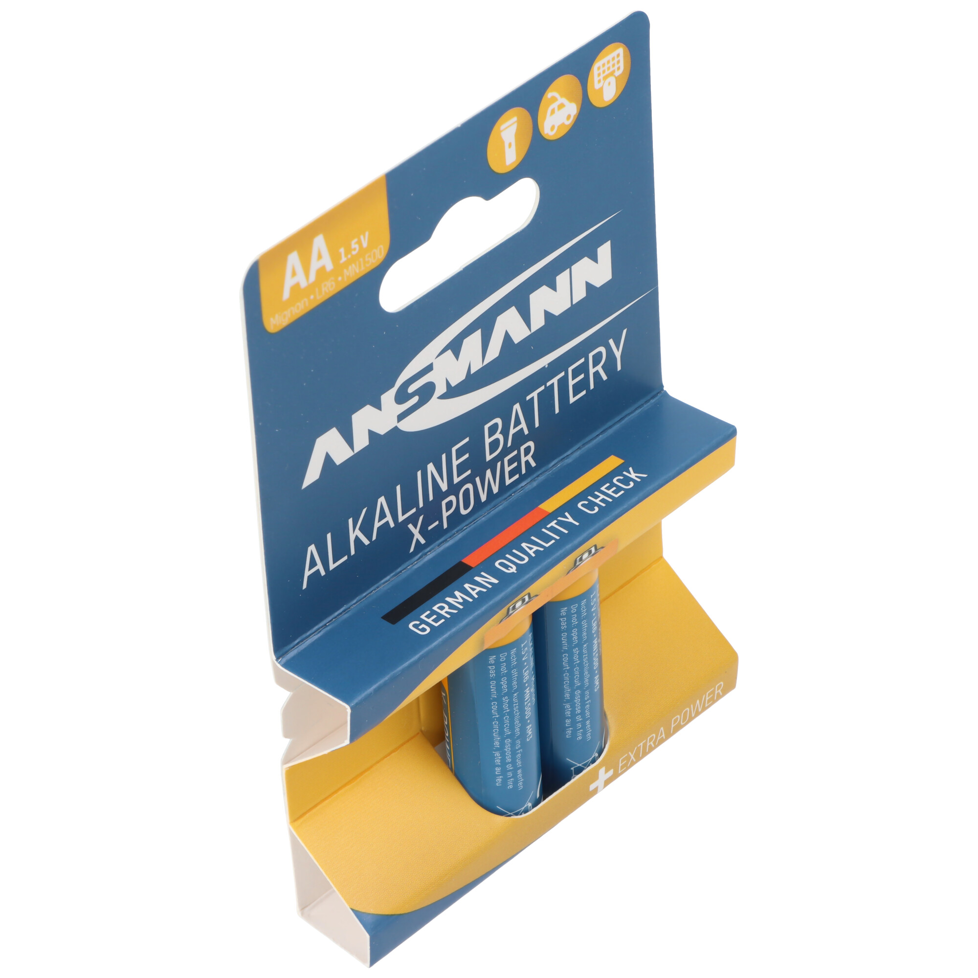 Zwei AA-Batterien in Blisterverpackung mit Aufdruck 'Ansmann Alkaline Battery'.