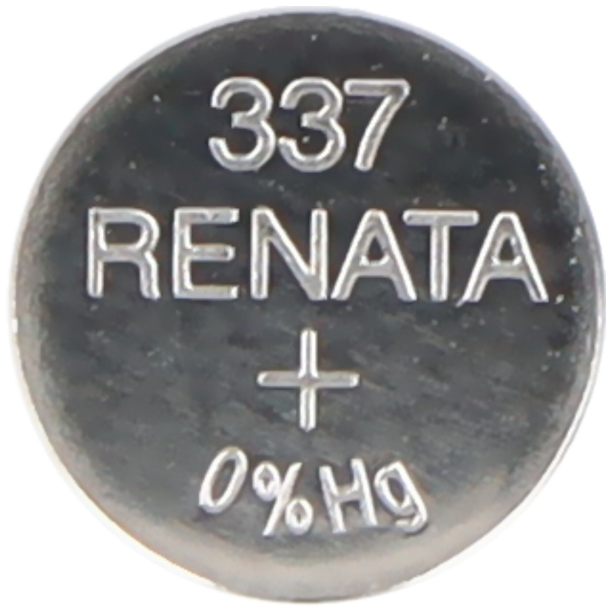 Eine silberne Knopfzelle mit der Aufschrift 337 RENATA 0% Hg.