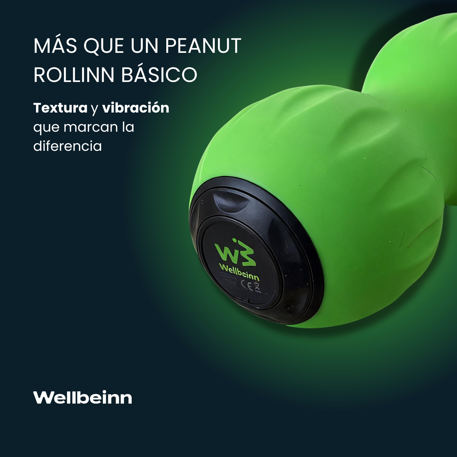Pelota de masaje verde con logo de Wellbeinn y texto que resalta su textura y vibración.
