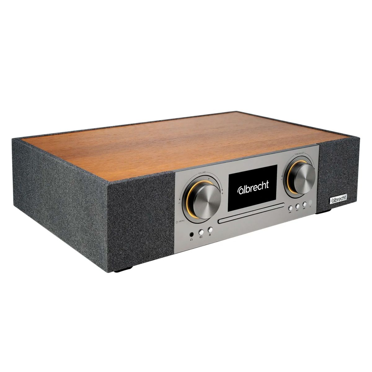 Ein Albrecht Radio mit Holzoberfläche und grauen Stoffseiten.