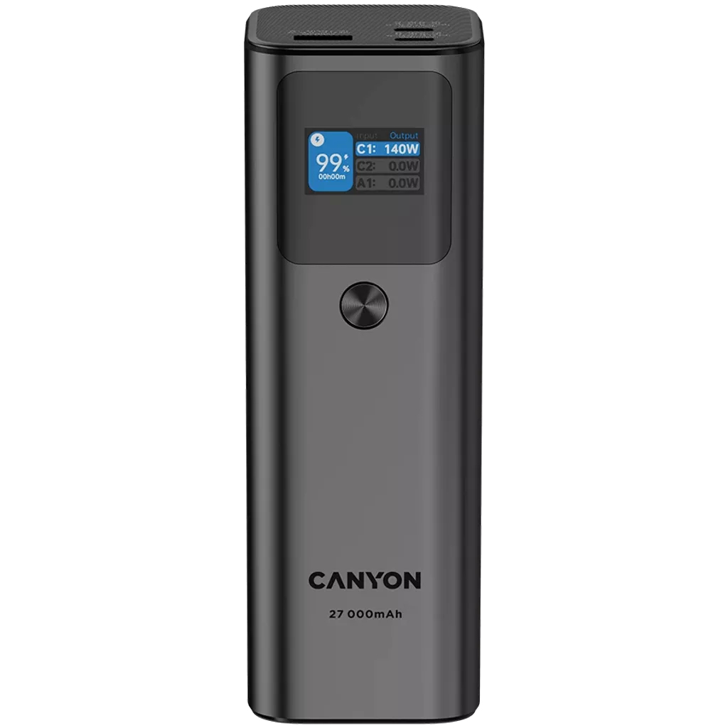 Szary power bank Canyon 27 000 mAh z cyfrowym wyświetlaczem.