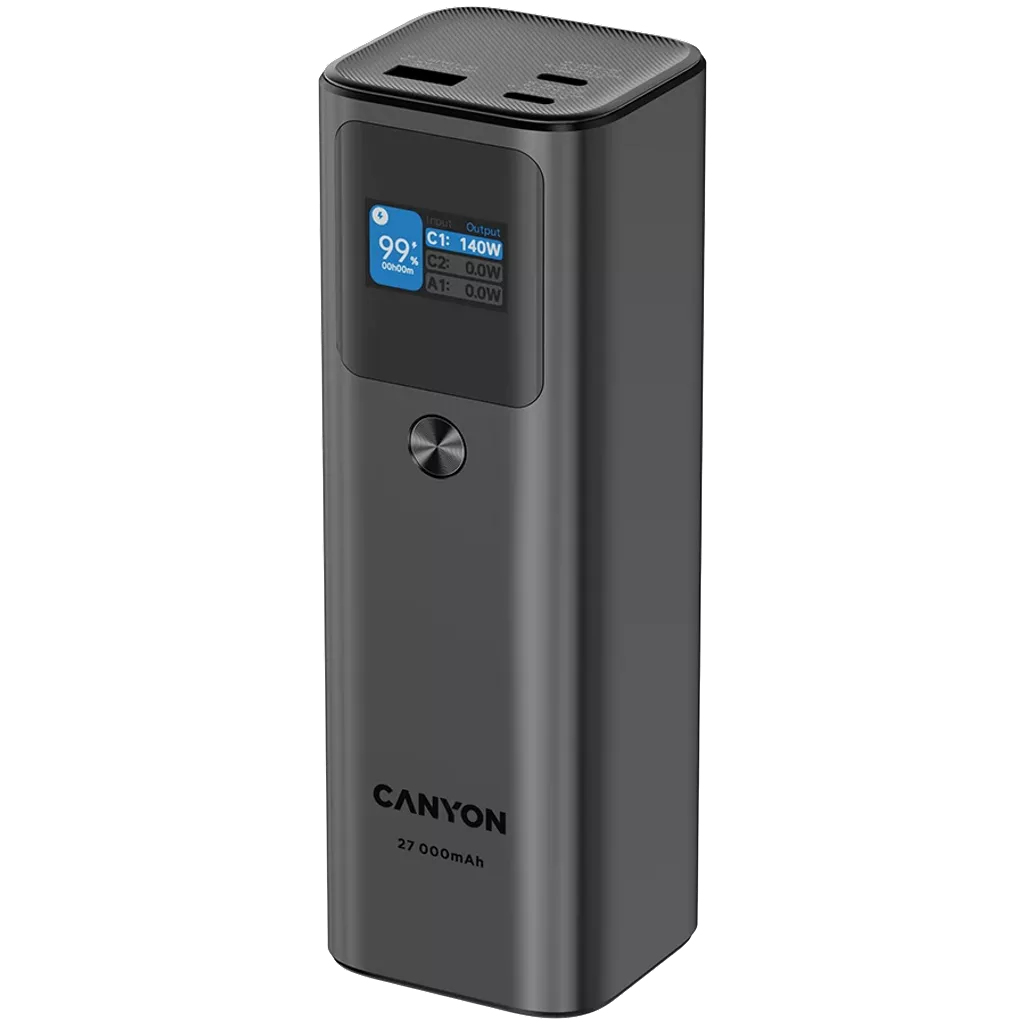 Ciemnoszara powerbanka Canyon 27 000 mAh z wyświetlaczem ładowania.