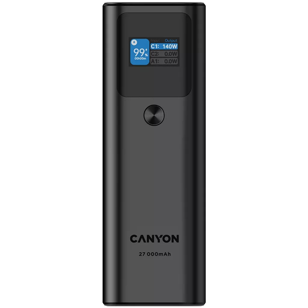 Czarny powerbank Canyon z wyświetlaczem. Pokazuje 99% baterii, 140W wejścia, 0W wyjścia.
