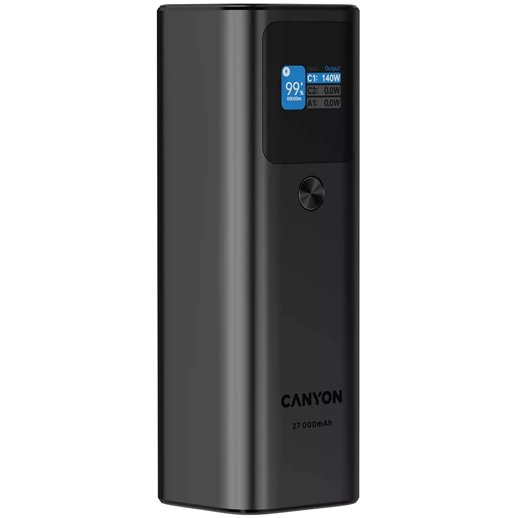 Czarny powerbank CANYON, 27 000 mAh, z cyfrowym wyświetlaczem.