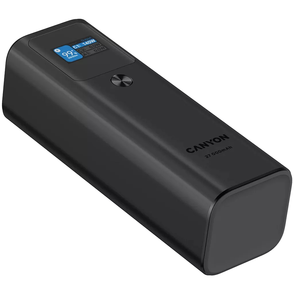 Czarny power bank Canyon 27 000 mAh z cyfrowym wyświetlaczem.
