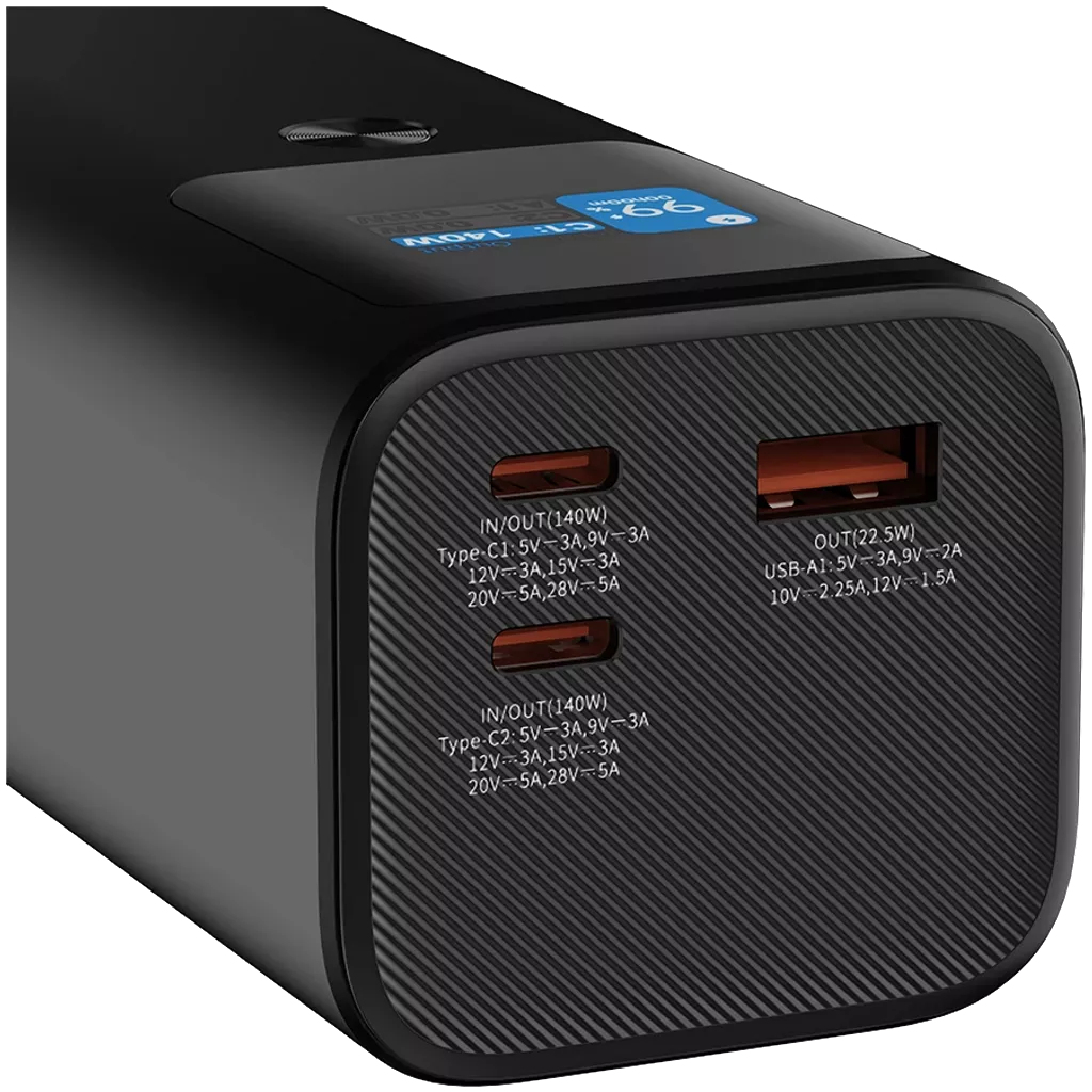 Czarna power bank z portami USB-C i USB-A oraz cyfrowym wyświetlaczem.