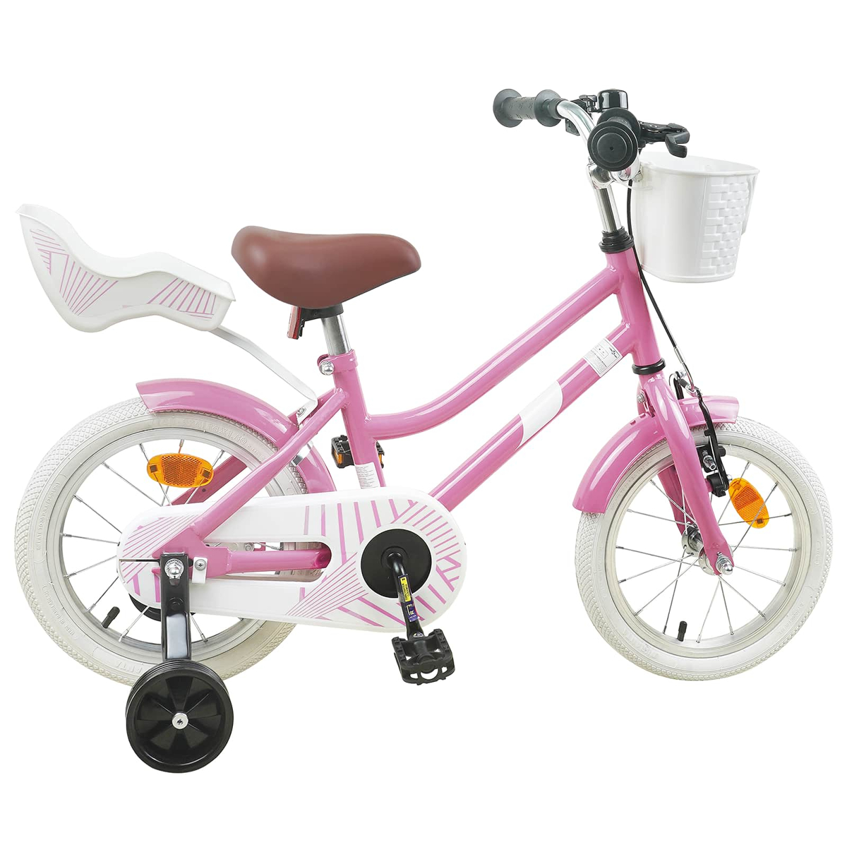 Pinkes Kinderfahrrad mit Stützrädern, weißem Korb und Puppensitz.