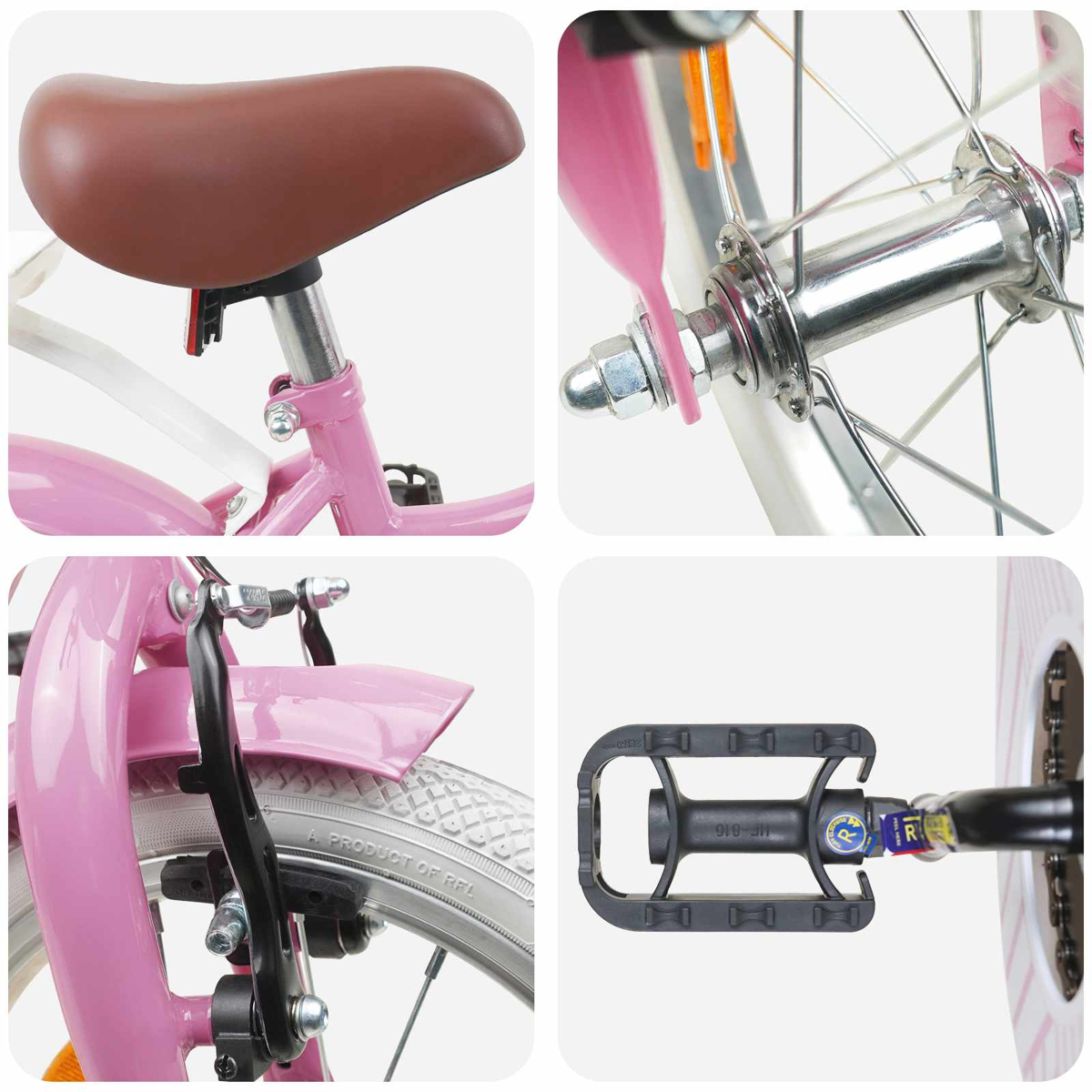 Details einer rosafarbenen Kinderfahrrads: Sitz, Rad, Bremse und Pedal.
