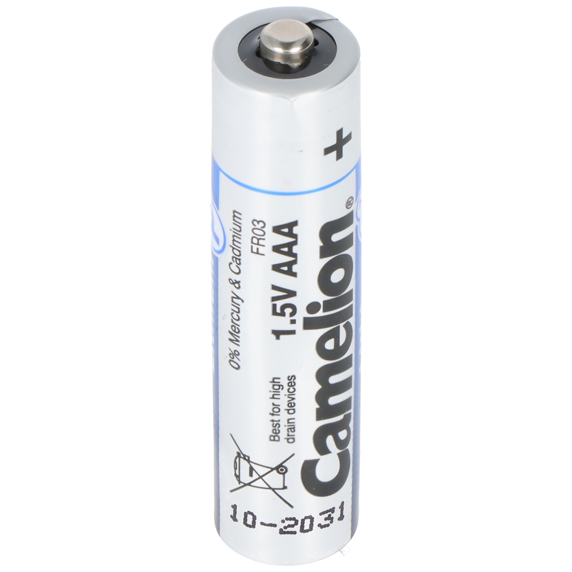 Eine silberne Camelion AAA-Batterie mit blauen und schwarzen Markierungen.
