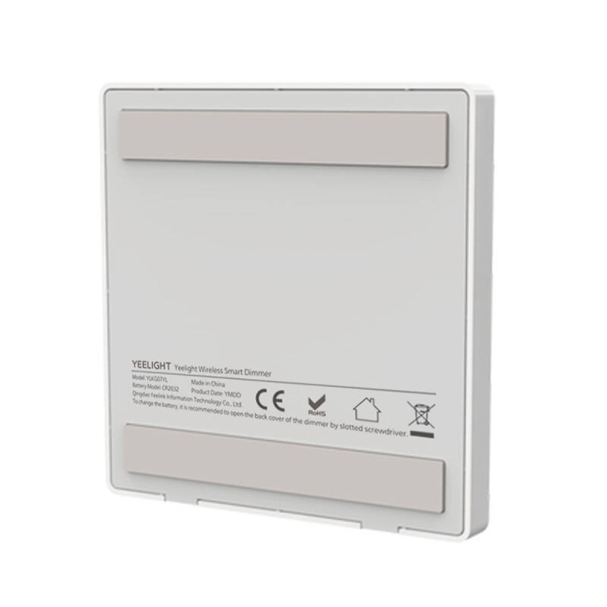 Biały tył ściemniacza Yeelight Smart z ikonami CE, RoHS i domu.