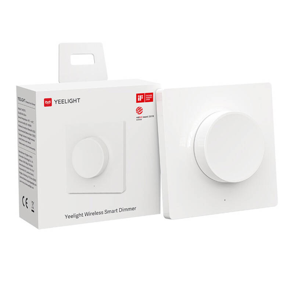 Opakowanie i urządzenie Yeelight smart dimmer na białym tle.