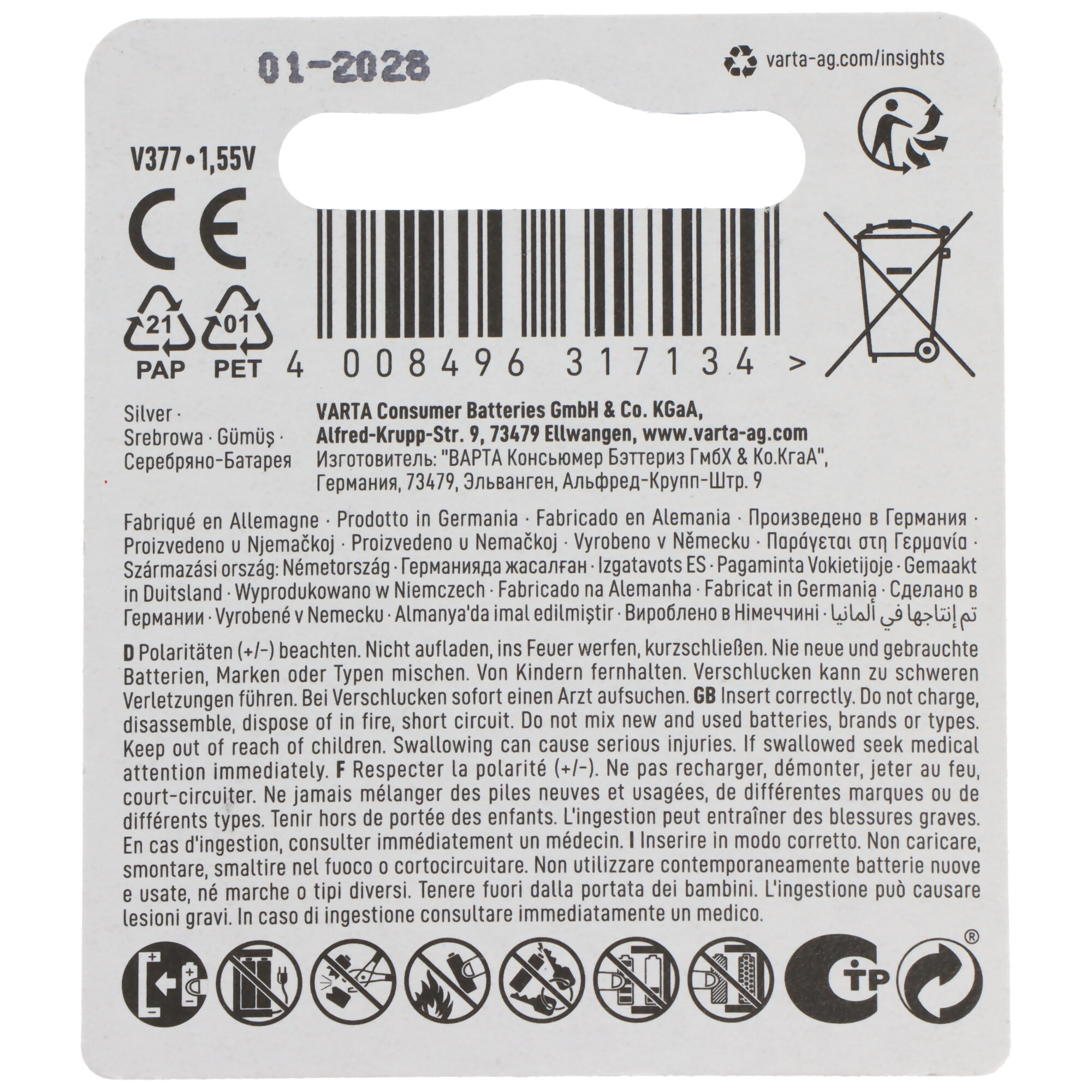 Varta V377 1,55V Batterie mit CE-Zeichen, Barcode, und Warnsymbolen.