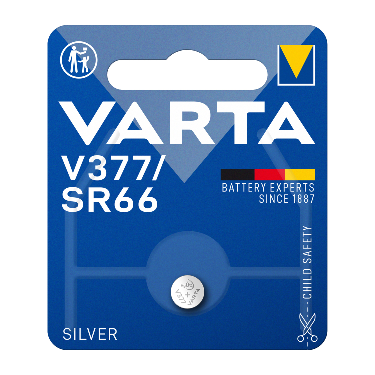 Varta V377/SR66 Knopfzelle auf blauem Karton mit Symbolen und Text.