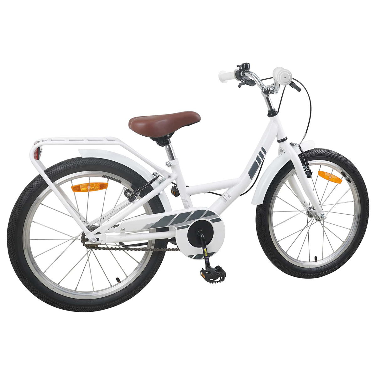 Ein weißes Kinderfahrrad mit braunem Sattel und Gepäckträger.