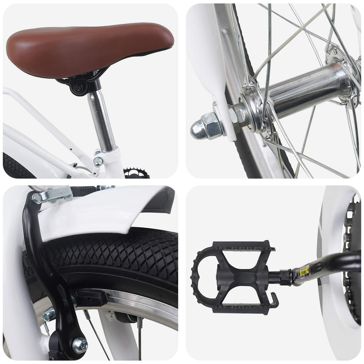 Nahaufnahme eines weißen Fahrrads mit braunem Sattel, Speichenrad, Bremse und Pedal.
