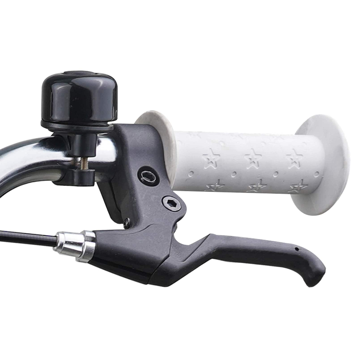 Ein schwarzer Fahrradklingel und Bremshebel mit weißem Griff.