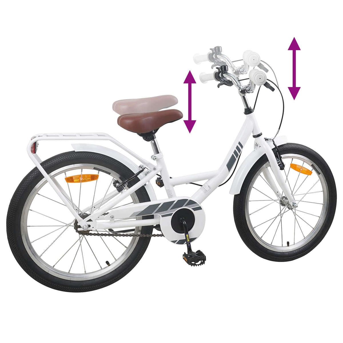 Ein weißes Kinderfahrrad mit verstellbarem Sattel und Lenker.