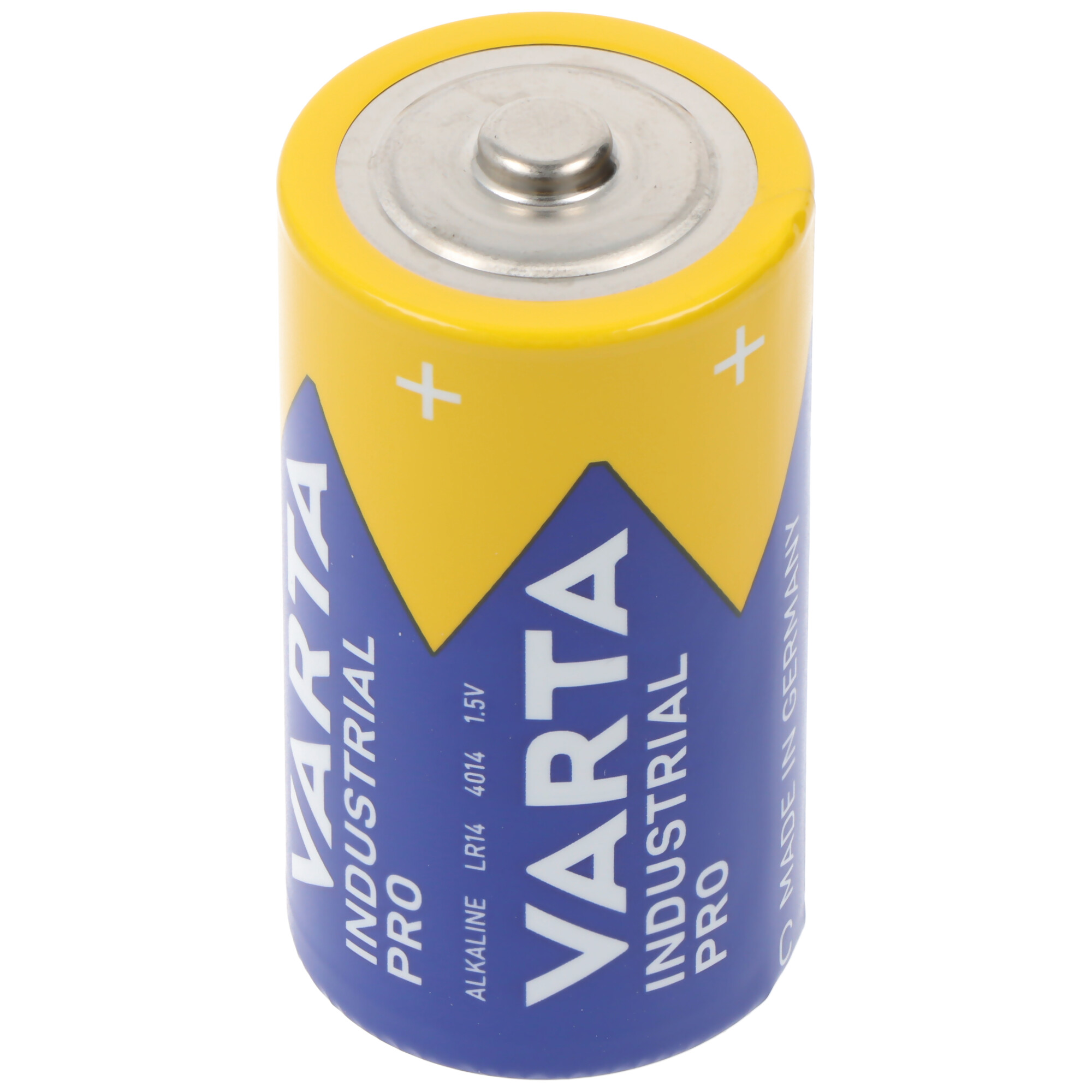 Eine Varta LR14 Alkaline Batterie mit gelbem Oberteil und blauem Korpus.
