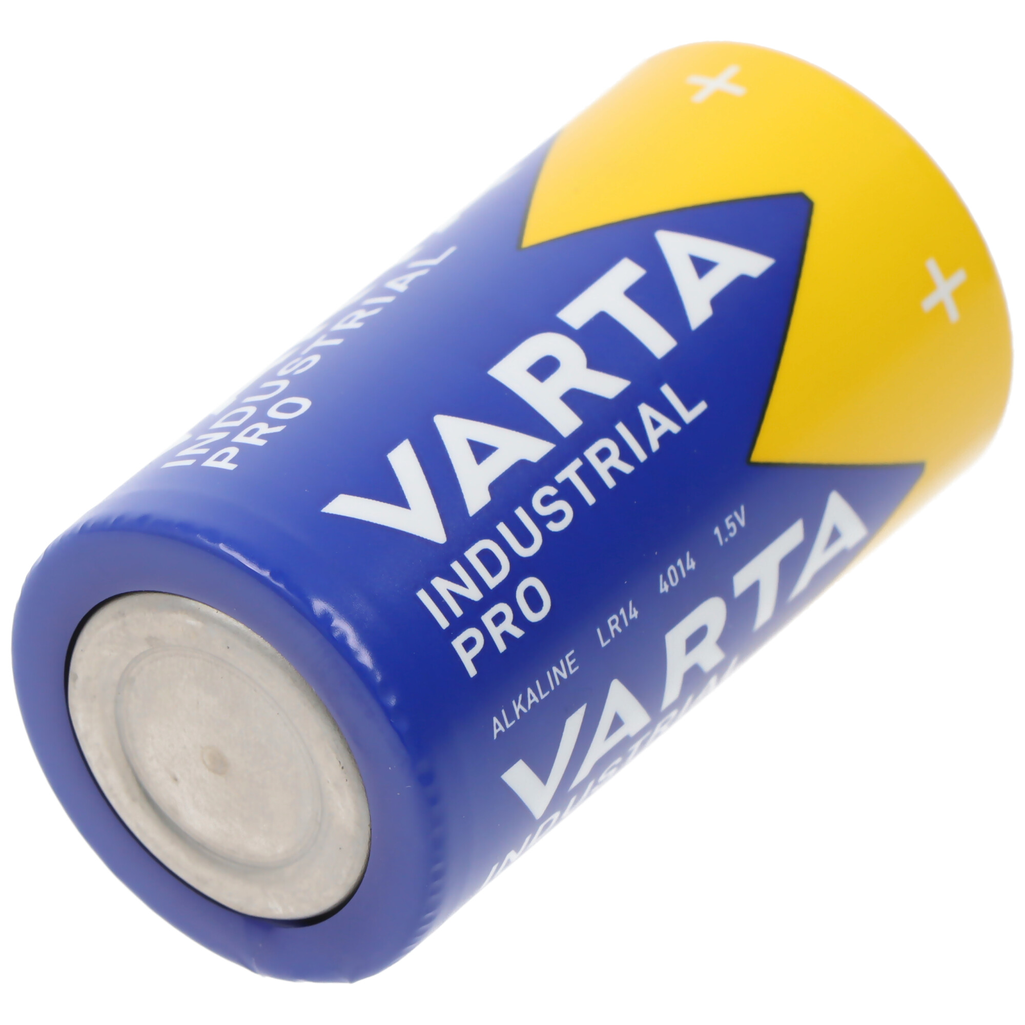 Eine Varta LR14 1.5V Alkaline-Batterie mit blauem und gelbem Gehäuse.