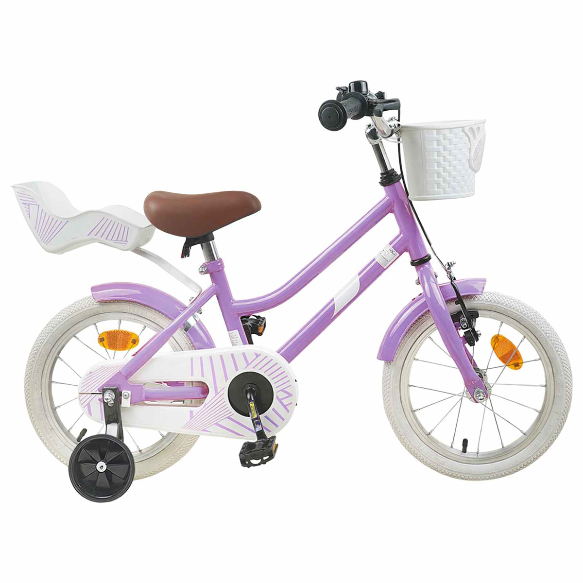Lila Kinderfahrrad mit Stützrädern, braunem Sattel, weißem Korb und Kindersitz.