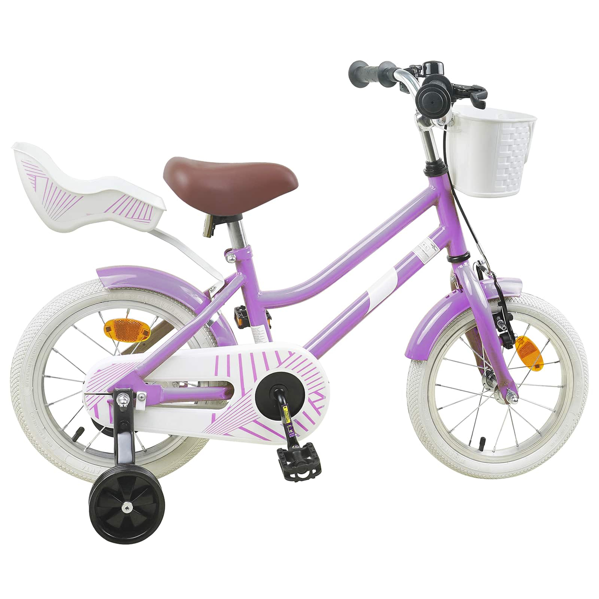 Lila Kinderfahrrad mit weißen Reifen, Stützrädern, braunem Sattel und weißem Korb.