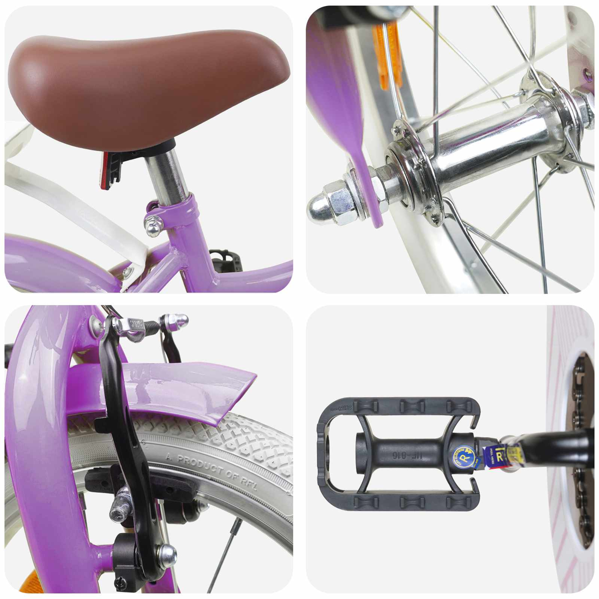 Nahaufnahme eines violetten Fahrrads mit braunem Sattel, Speichen und Pedal.
