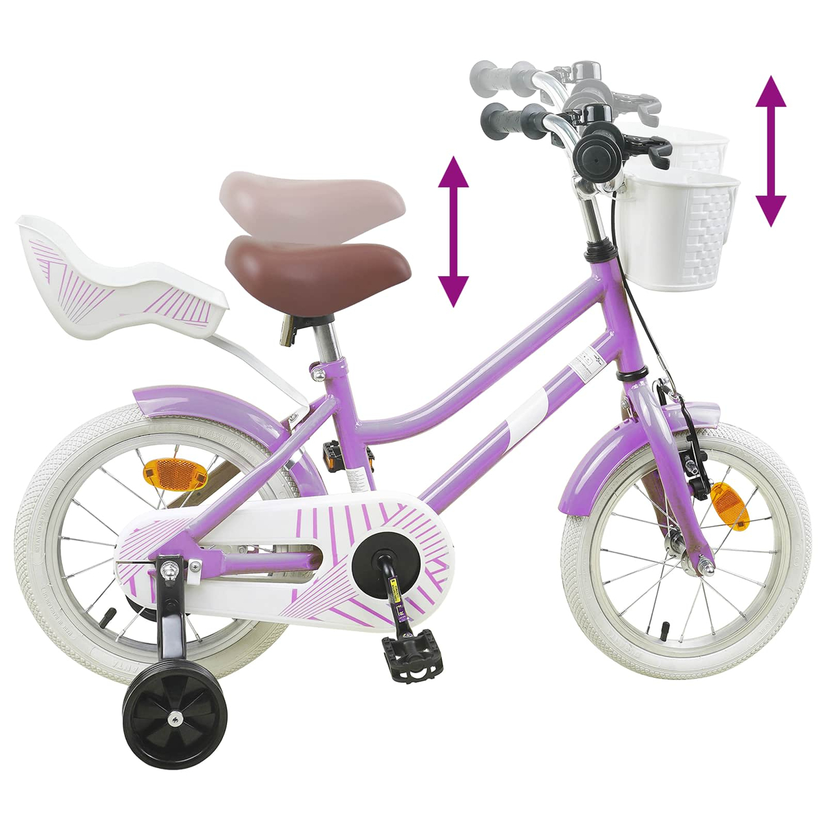 Lila Kinderfahrrad mit Stützrädern, weißem Korb und verstellbarem Sitz.
