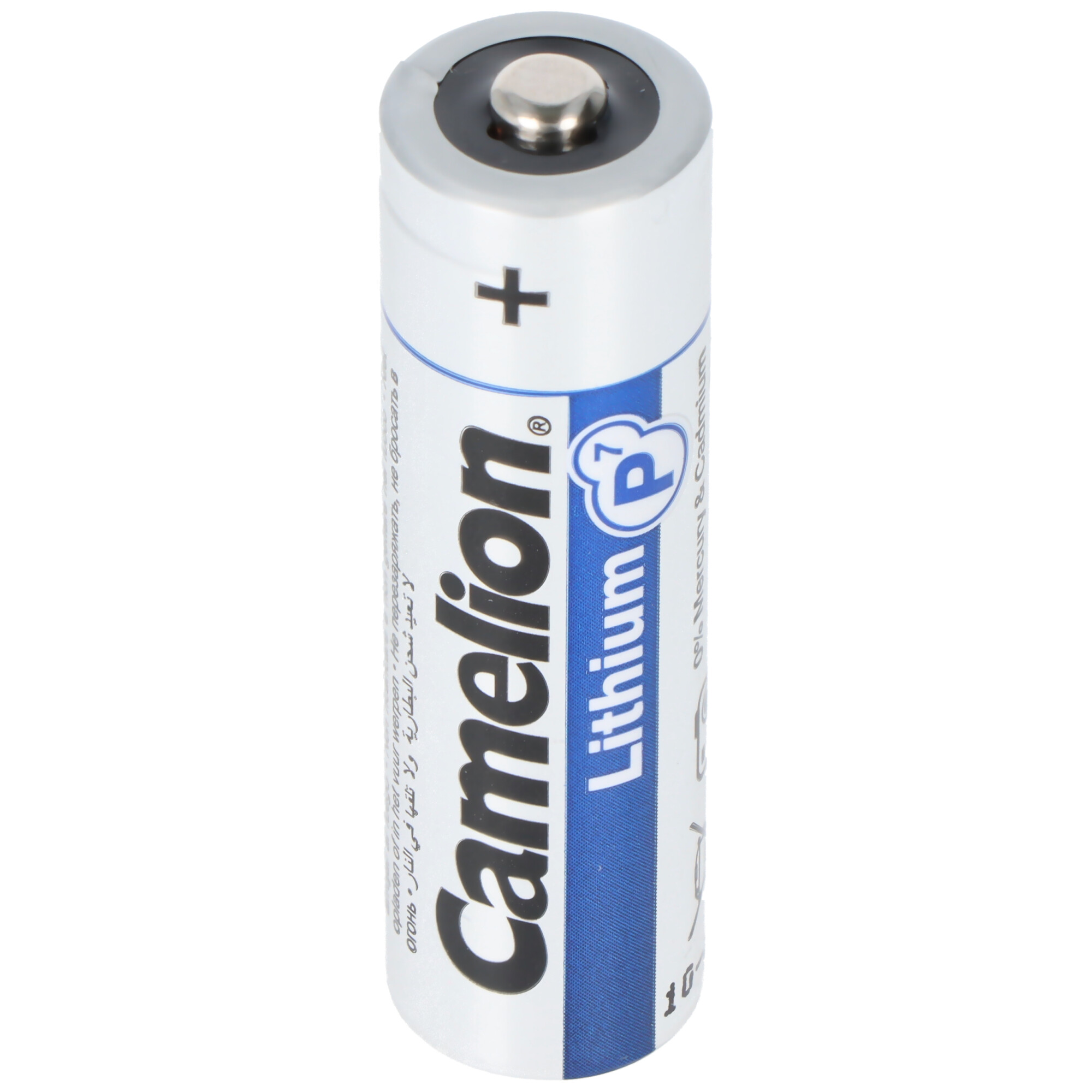 Eine einzelne Camelion Lithium-Batterie mit einem Pluszeichen und silbernem Kopf.