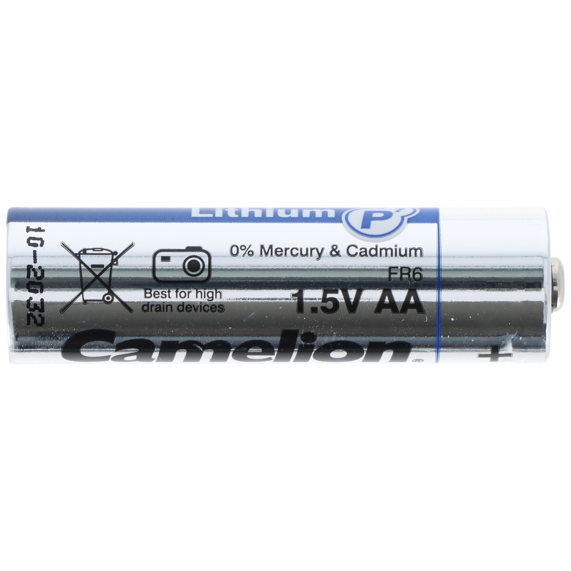 Eine Camelion 1,5V AA Lithiumbatterie mit Warnsymbolen.