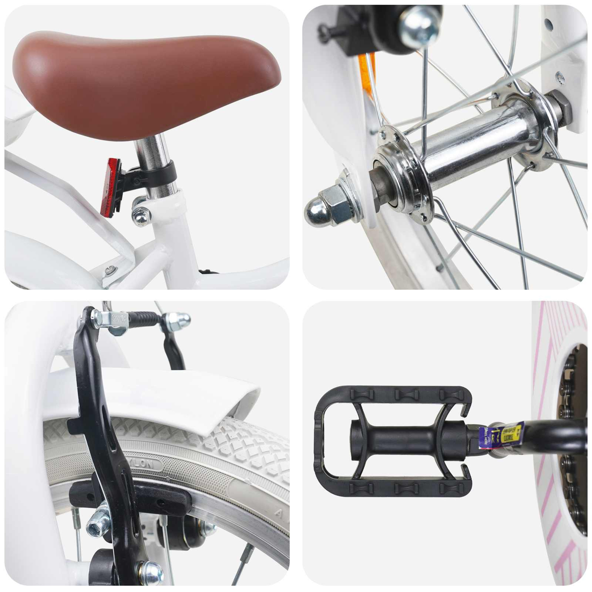Details einer weißen Kinderfahrrad: Sattel, Radnabe, Bremse, Pedal.