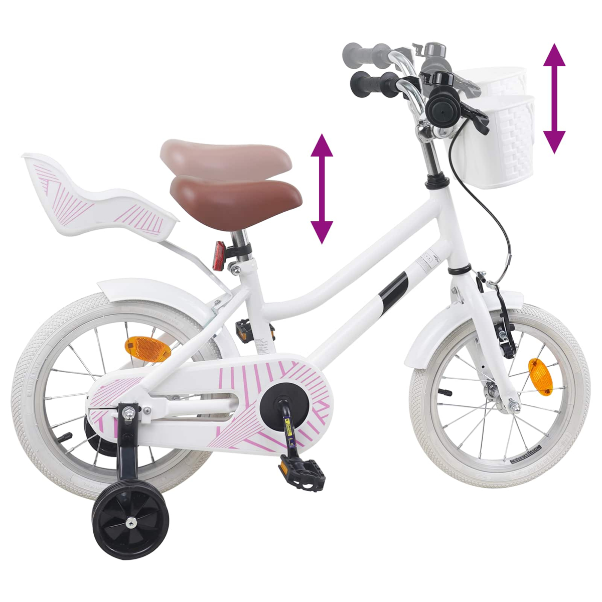 Ein weißes Kinderfahrrad mit Stützrädern, einem Korb und verstellbaren Sitzen.
