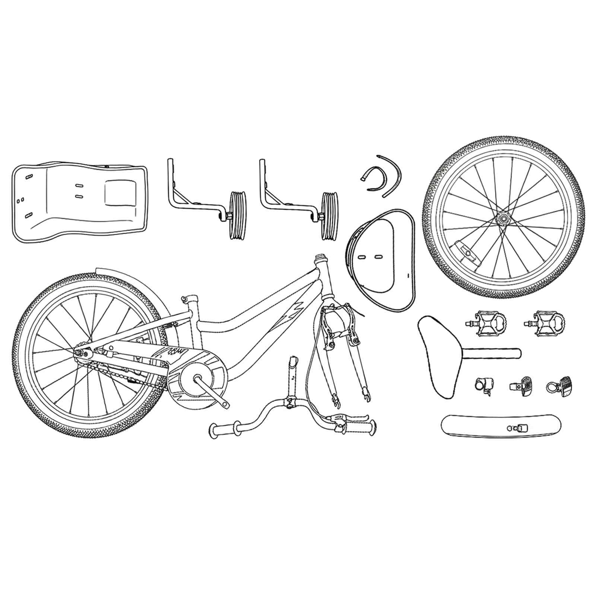 Ein Fahrradrahmen mit Rädern, Pedalen, Sattel und Stützrädern.