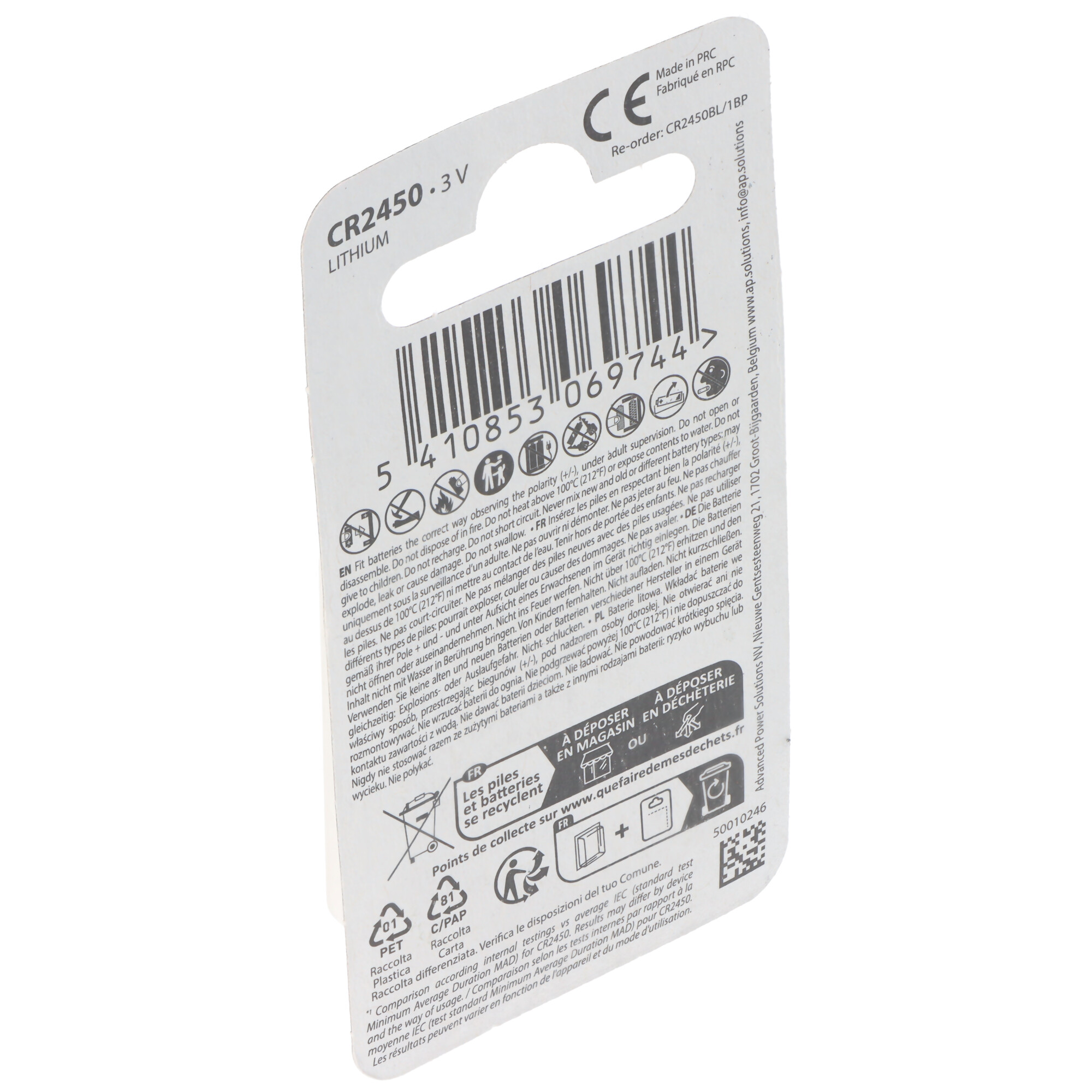 Verpackung für CR2450 Lithium-Batterie mit Warnhinweisen und Recycling-Infos.