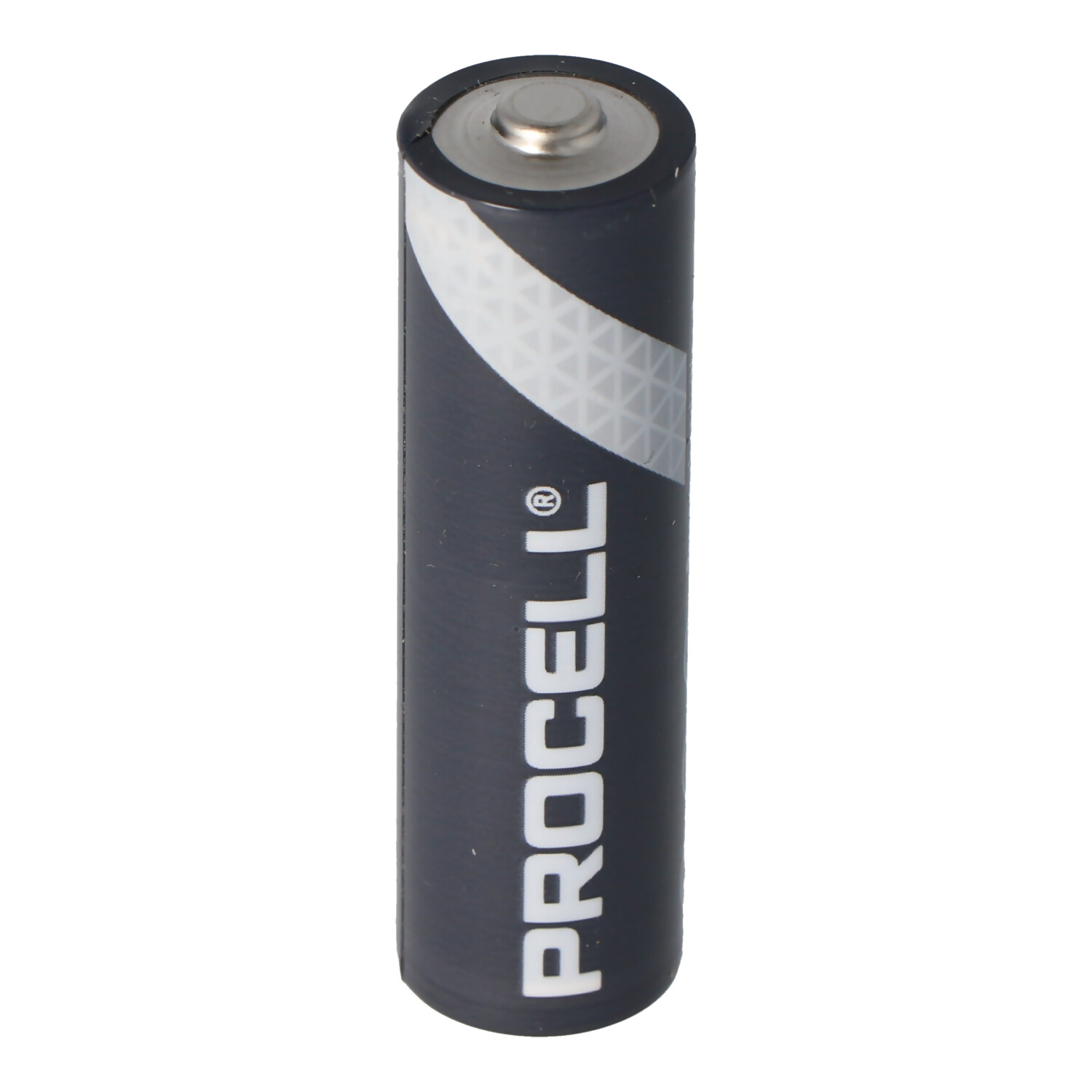 Eine graue Procell AA-Batterie mit weißem Muster und einem silbernen Pluspol.