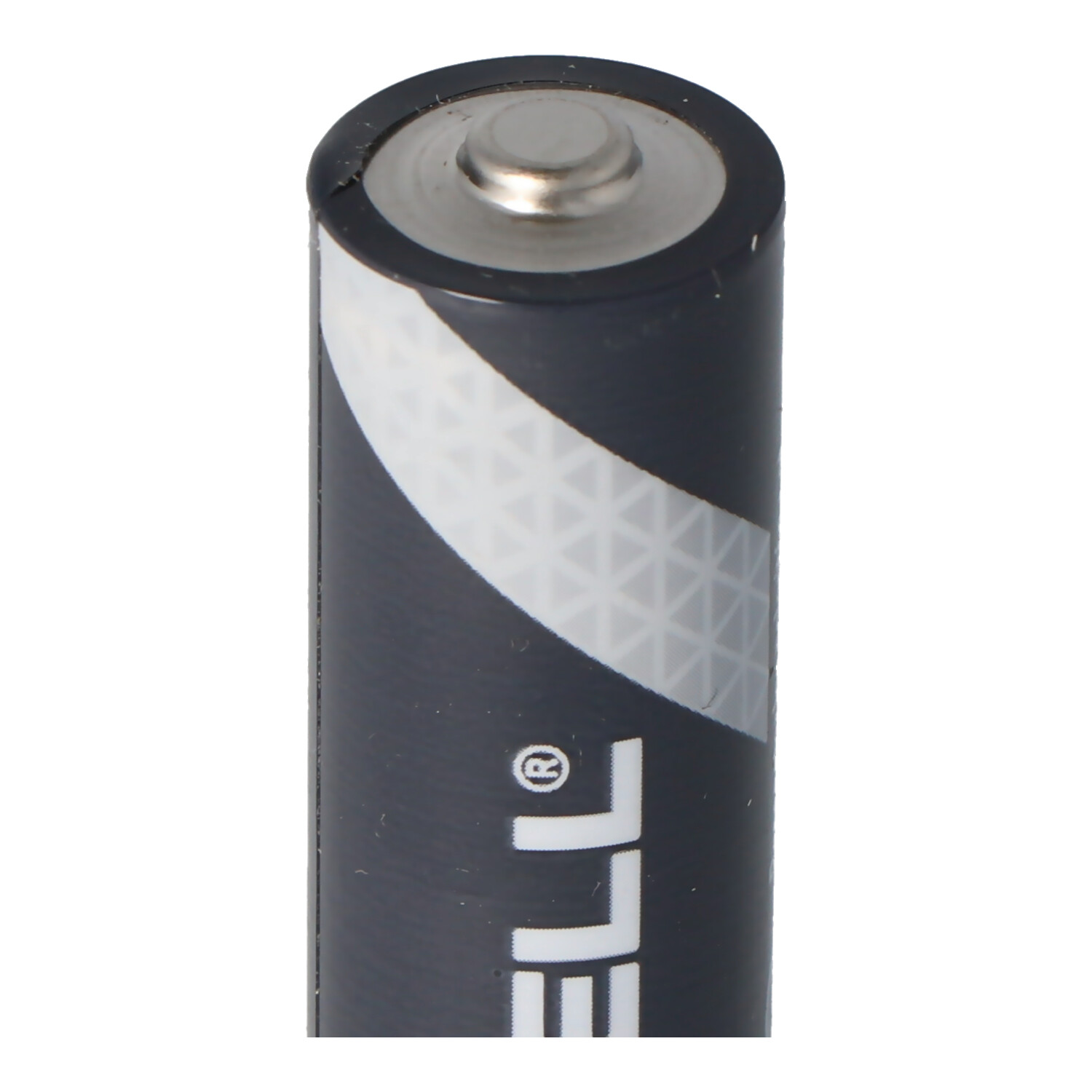 Nahaufnahme einer schwarzen Batterie mit weißem Muster und silbernem Pluspol.