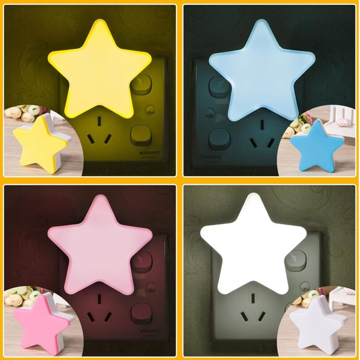 Quattro luci notturne a forma di stella gialla, blu, rosa e bianca inserite nelle prese.