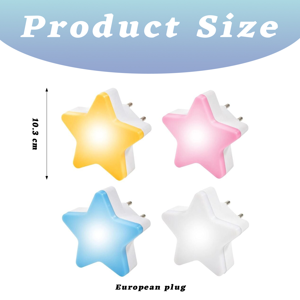 Quattro luci notturne a forma di stella, gialle, rosa, blu e bianche.