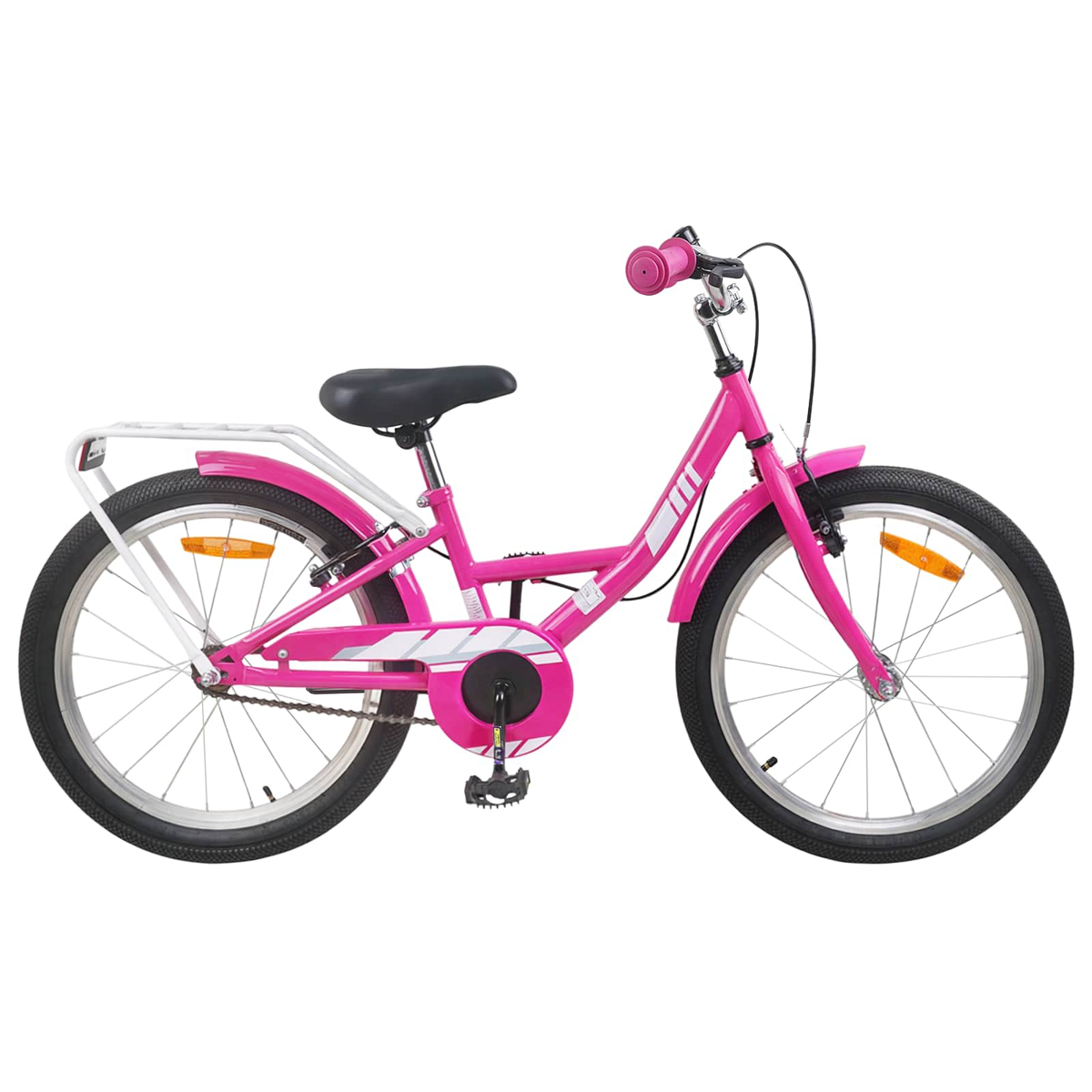 Ein pinkes Kinderfahrrad mit weißem Gepäckträger und silbernen Felgen. Weiße Akzente am Rahmen.