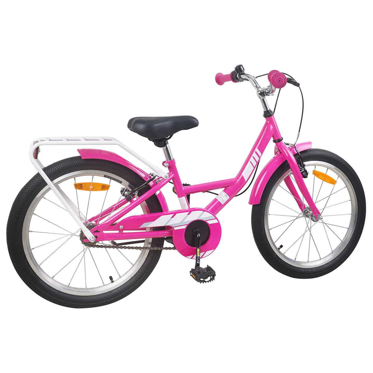 Ein pinkes Kinderfahrrad mit einem Gepäckträger, einem schwarzen Sattel und silbernen Speichenrädern.