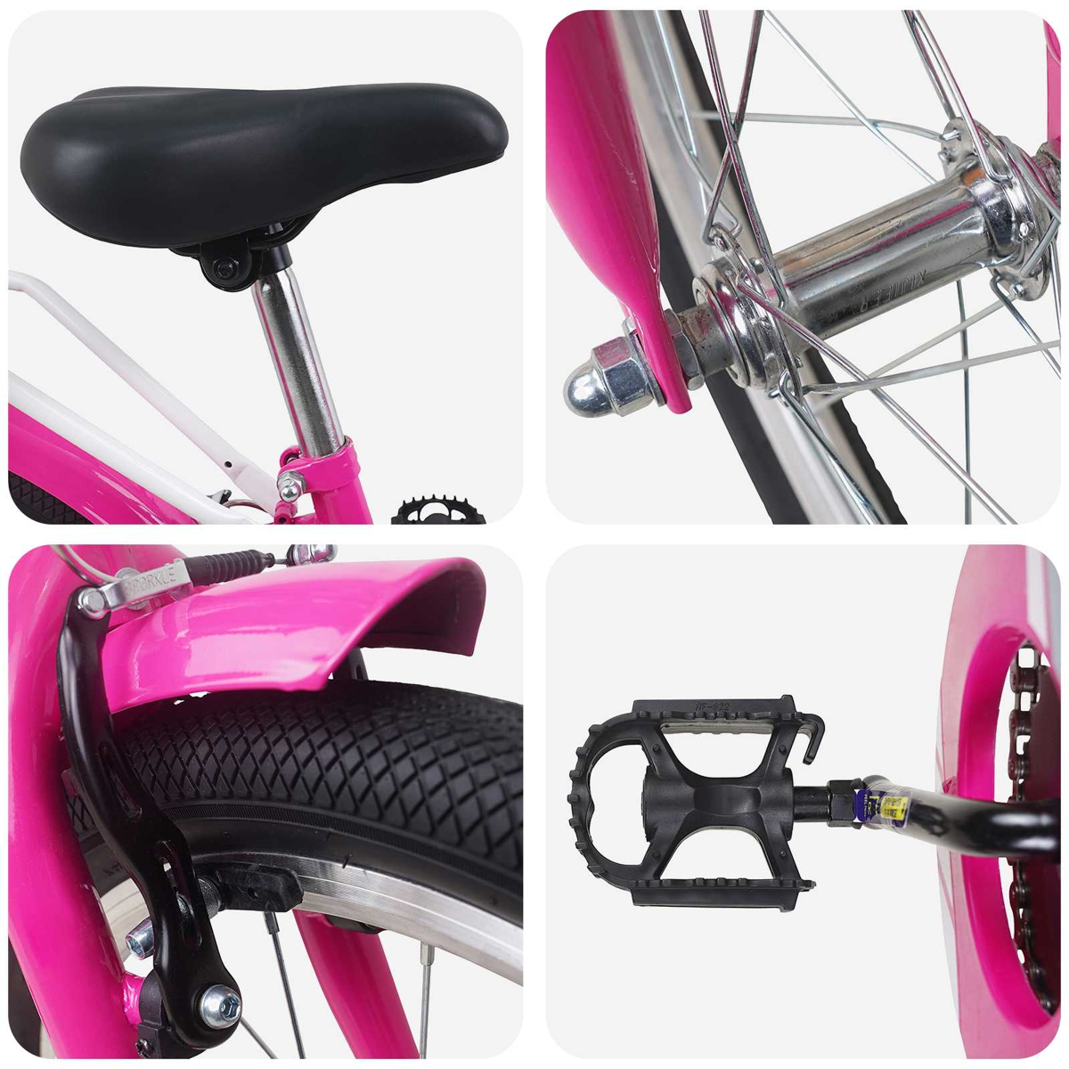 Nahaufnahme eines rosa Fahrrads mit Sitz, Rad, Bremse und Pedal.