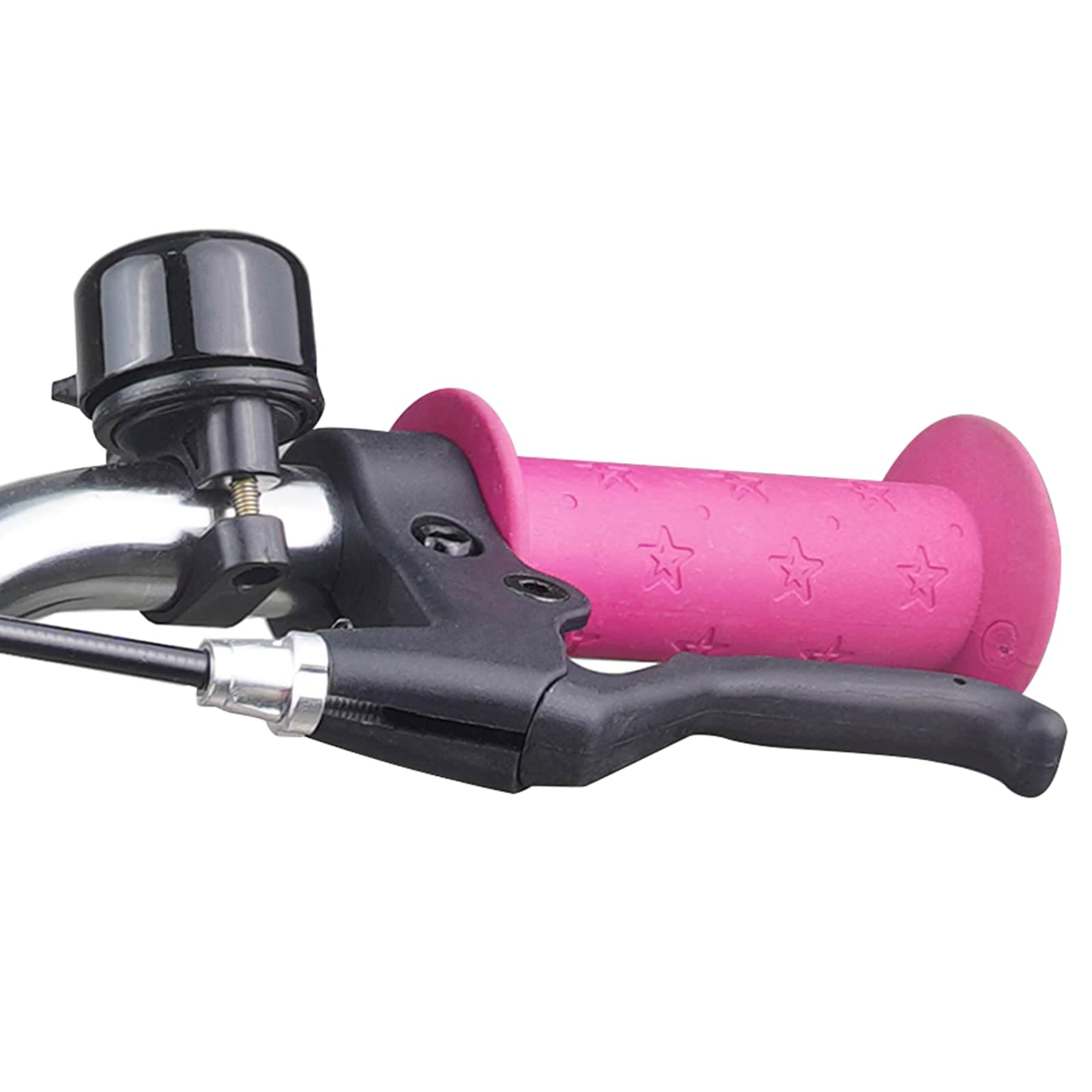 Ein schwarzer Fahrradklingel- und Bremshebel mit einem pinken Sternengriff.